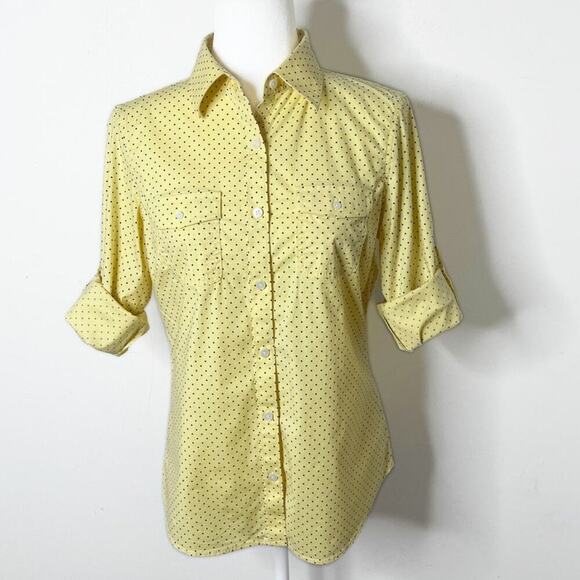 L.L. Bean Women's Button Up Shirt S Yellow Polka Dot Roll Tab Long Sleeve Fitted - Picture 1 of 7